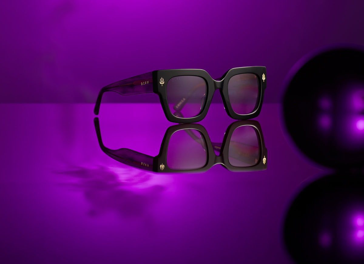 diff eyewear x disney villains ursula sunglasses in deep purple with trident emblem
