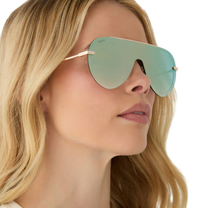 Imani Shield Sunglasses | Gold & Cool Matcha Mirror | DIFF Eyewear
