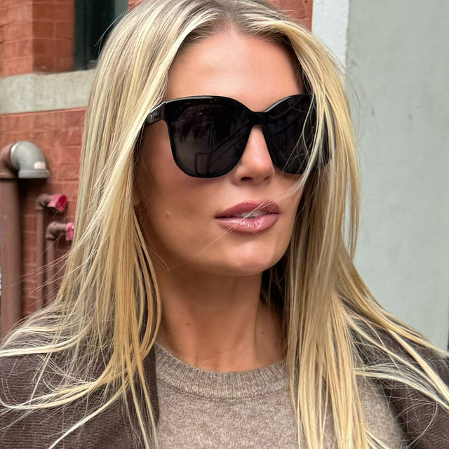 customer content - female wearing Gia Black and Grey Oversized Cat Eye Sunglasses