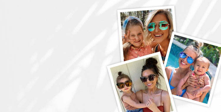 Three mothers wearing DIFF sunglasses while holding their babies who are wearing DIFF sunglasses