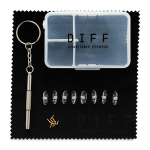 diff eyewear repair kit includes screw driver, replacement nose guards, screws and cleaning cloth