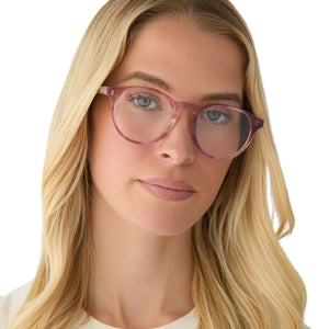 on model - female wearing diff eyewear sawyer round prescription glasses fleur pink tortoise frame front view