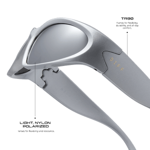 detailed information for diff sport side out wrap sunglasses with a silver frame and silver mirror polarized lenses