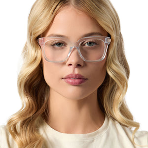 on model - female wearing diff eyewear bella xs square prescription glasses with a opalescent pink frame front view