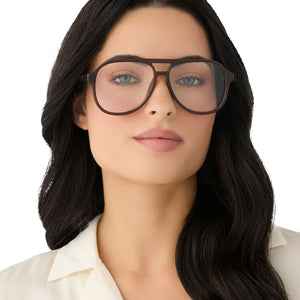 on model - female wearing diff eyewear featuring the tatum aviator blue light readers with a whiskey crystal frame front view