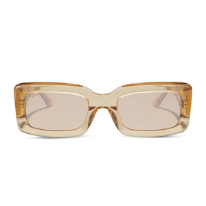 diff eyewear featuring the indy rectangle sunglasses with a honey crystal frame and honey crystal flash lenses front view