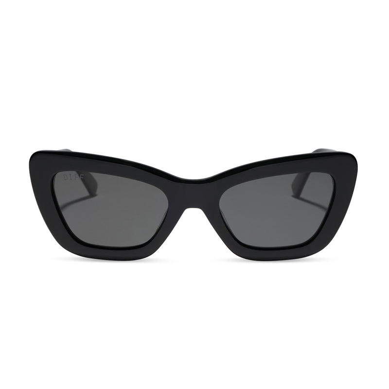 diff eyewear featuring the adriana cateye sunglasses with a black acetate frame and grey polarized lenses front view