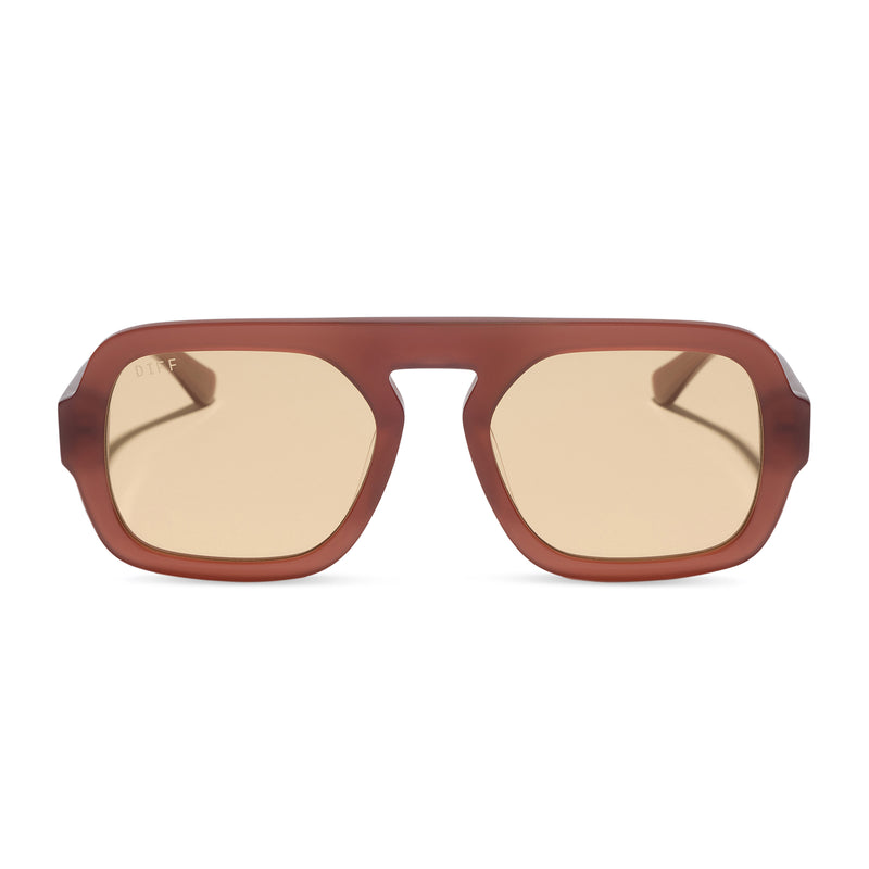 diff eyewear alix navigator oversized sunglasses with a terracotta brown acetate frame and champagne yellow tint lenses front view
