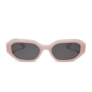 diff eyewear featuring the allegra rectangle sunglasses with a pink velvet frame and grey polarized lenses front view