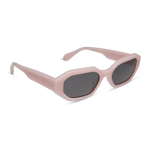 diff eyewear featuring the allegra rectangle sunglasses with a pink velvet frame and grey polarized lenses angled view