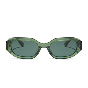 diff eyewear featuring the allegra rectangle sunglasses with a sage green crystal frame and g15 polarized lenses front view