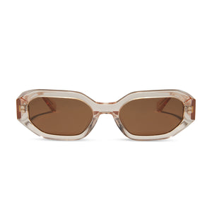 diff eyewear featuring the allegra rectangle sunglasses with a vintage rose crystal frame and brown lenses front view