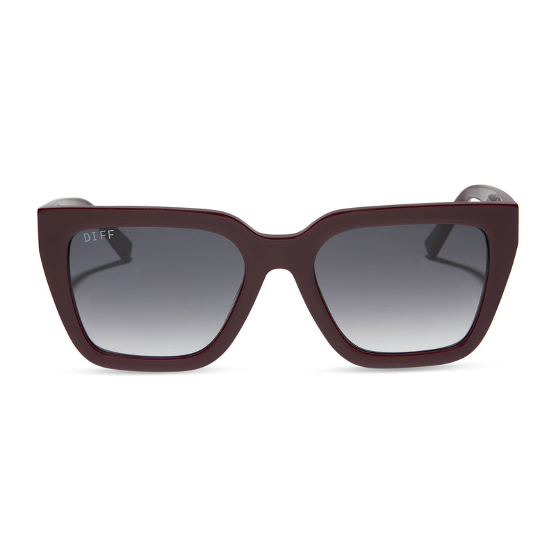 diff eyewear featuring the amara square sunglasses with a dark cherry lacquer frame and grey gradient lenses front view