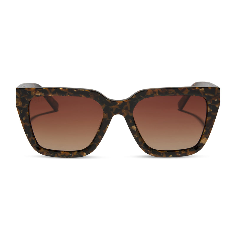 diff eyewear featuring the amara square sunglasses with a glitter tortoise frame and brown gradient polarized lenses front view
