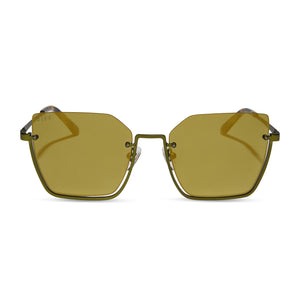diff eyewear featuring the analise square sunglasses with a moss metal with brown kombu temple tips frame and moss mirror lenses front view