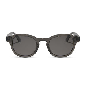 diff eyewear featuring the arlo xl round sunglasses with a black smoke crystal frame and grey polarized lenses front view