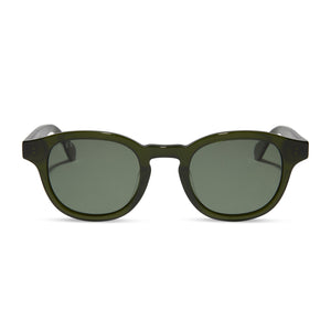 diff eyewear featuring the arlo xl round sunglasses with a dark olive green crystal frame and g15 polarized lenses front view