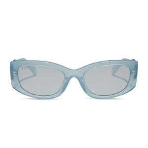 beetlejuice x diff eyewear featuring the astrid deetz cateye sunglasses with a silver frame and dusty silver lenses front view
