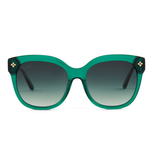 patricia nash x diff eyewear Audrey round sunglasses with a planet green crystal and g15 green gradient lenses front view