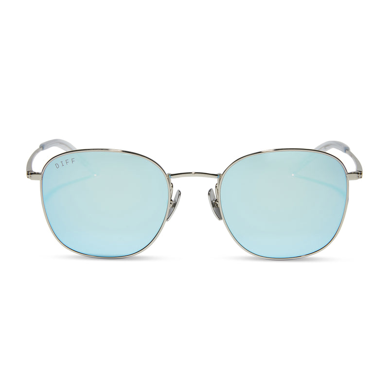 diff eyewear featuring the axel round sunglasses with a silver metal frame and turquoise ice mirror lenses front view