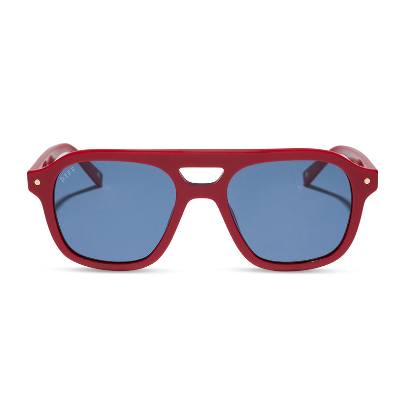 beach riot x diff eyewear the coast navigator sunglasses with a red acetate frame and navy blue lenses front view