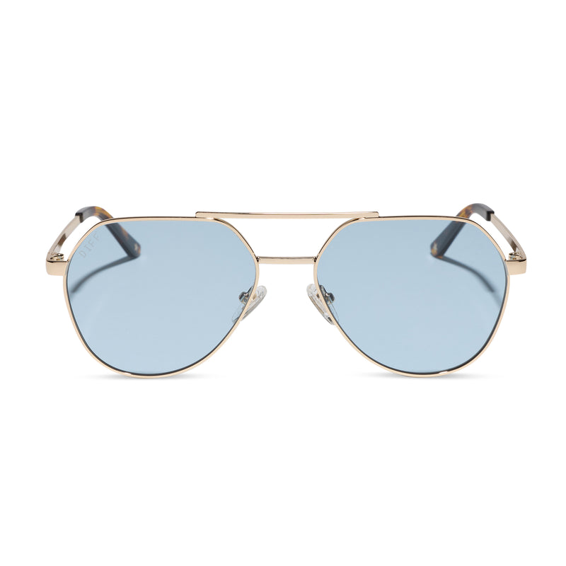 beach riot x diff eyewear the reserve aviator sunglasses with a gold metal frame and blue tint lenses front view