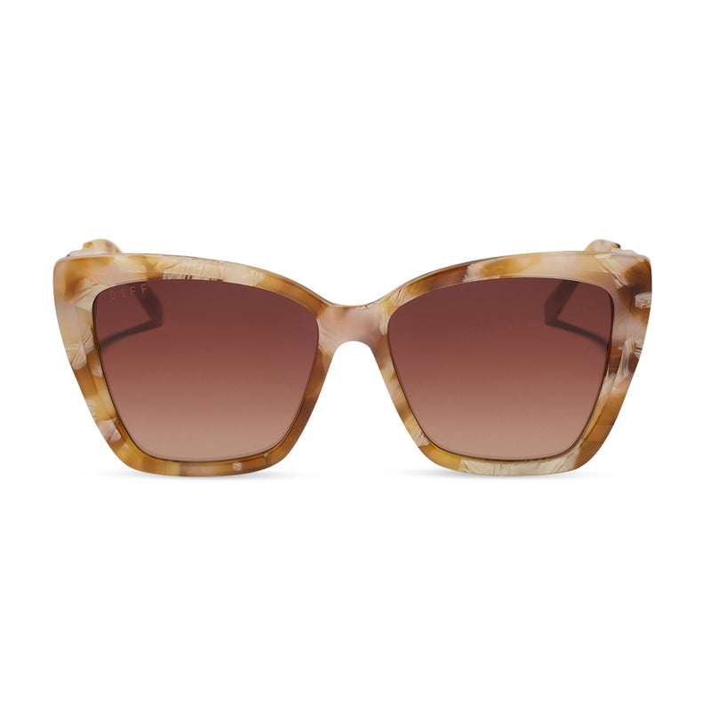 diff eyewear becky ii cat eye sunglasses with a gilded tortoise acetate frame and brown gradient lenses front view