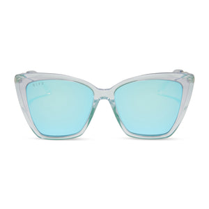 diff eyewear becky ii oversized cat eye sunglasses with a opalescent turquoise frame and turquoise ice mirror polarized lenses front view