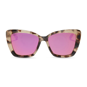 diff eyewear becky ii xs small cat eye sunglasses with a cream tortoise frame and pink mirror lenses front view