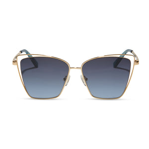 diff eyewear becky iii cateye sunglasses with a gold frame and blue gradient lenses front view