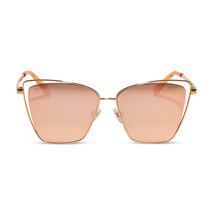 diff eyewear becky iii cat eye sunglasses with a gold frame and peach mirror lenses front view