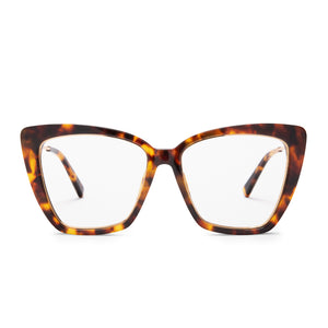 diff eyewear becky iv cat eye glasses with a amber tortoise frame and prescription lenses front view