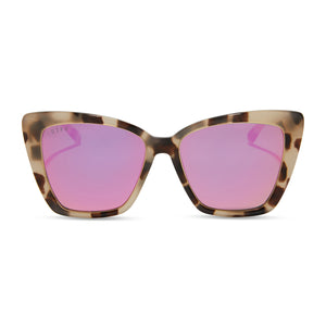 diff eyewear becky iv cat eye sunglasses with a cream tortoise frame and pink mirror lenses front view