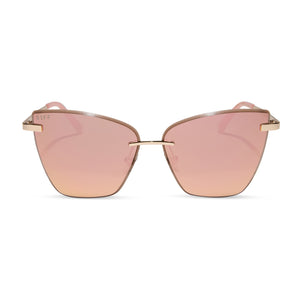 diff eyewear featuring the becky v cat eye sunglasses with a gold frame and peach mirror lenses front view