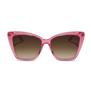 diff eyewear featuring the becky ii cateye sunglasses with a candy pink crystal frame and brown gradient lenses front view