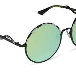 beetlejuice x diff eyewear featuring the beetlejuice round sunglasses with a black frame and lime green mirror lenses detailed view