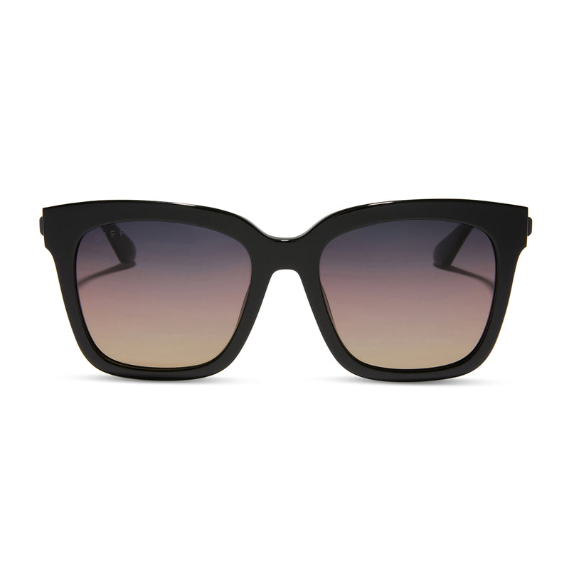 diff eyewear featuring the bella square sunglasses with a black acetate frame and twilight gradient polarized lenses front view