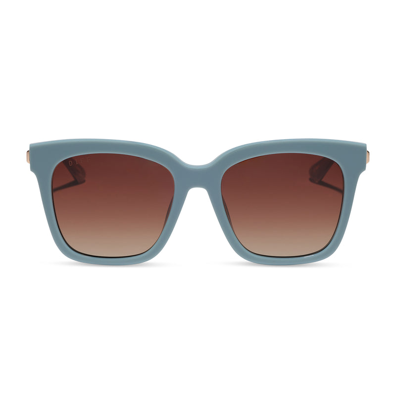 diff eyewear bella square oversized sunglasses with a dew drop blue frame, gold temples and brown gradient lenses front view
