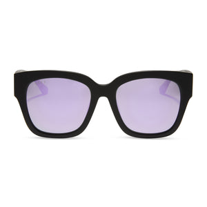 Bella II glasses with matte black frames and lavender flash lens front view