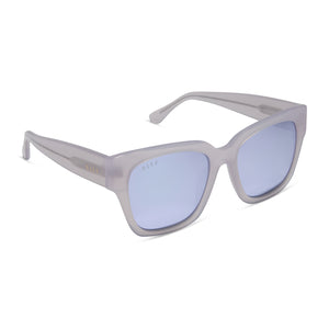 diff eyewear featuring the bella ii square sunglasses with a thistle light purple frame and lavendar mirror lenses angled view