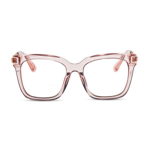 diff eyewear bella square glasses with a light pink crystal frame and prescription lenses front view