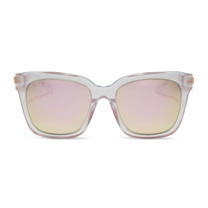 diff eyewear bella oversized square sunglasses with a opalescent pink frame and cherry blossom mirror lenses front view