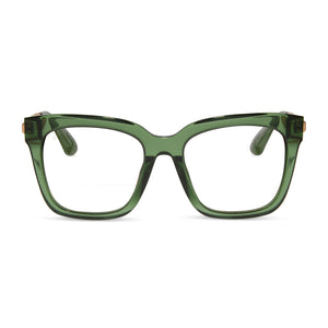 diff eyewear bella square prescription glasses with a sage green crystal acetate frame and gold metal temples front view