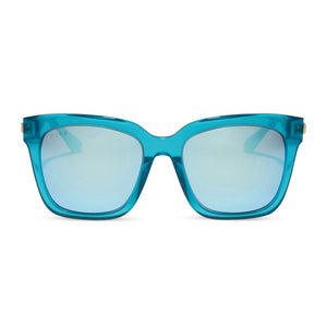 diff eyewear bella square sunglasses with a turquoise ice crystal acetate frame and teal mirror lenses front view