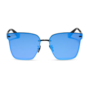 diff eyewear featuring the bella v square sunglasses with a black frame and purple mirror polarized lenses front view