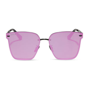 diff eyewear bella v square sunglasses with a matte black frame and pink mirror lenses front view