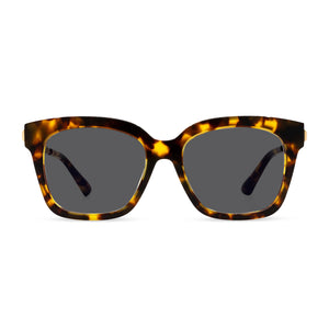 diff eyewear bella xs square sunglasses with a amber tortoise frame and grey lenses front view