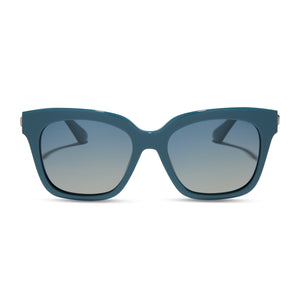 diff eyewear featuring the bella xs square sunglasses with a deep space frame and aegean blue flash polarized lenses front view