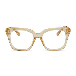 diff eyewear featuring the bella xs square sunglasses with a honey crystal frame and prescription lenses front view