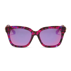 diff eyewear bella xs square sunglasses with a pink rush tortoise acetate frame and pink rush mirror lenses front view